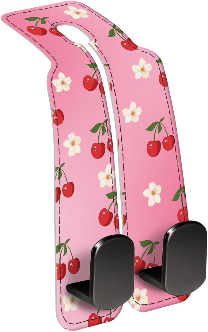 Car Seat Back Storage Headrest Hook, Premium Leather Double Metal Hook, Hanger Storage Organizer for Purse Cloth Bag, Car Interior Accessories Cute Pink Cherry Flower by Unknown
