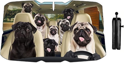 GENANY Cute Pug Dog Umbrella Sunshade for Car Windshield (57x31 Inches) | 360°Rotation Bendable Handle, Foldable Car Windshield Sunshade Umbrella for SUV Truck, Protector Blocks UV by GENANY