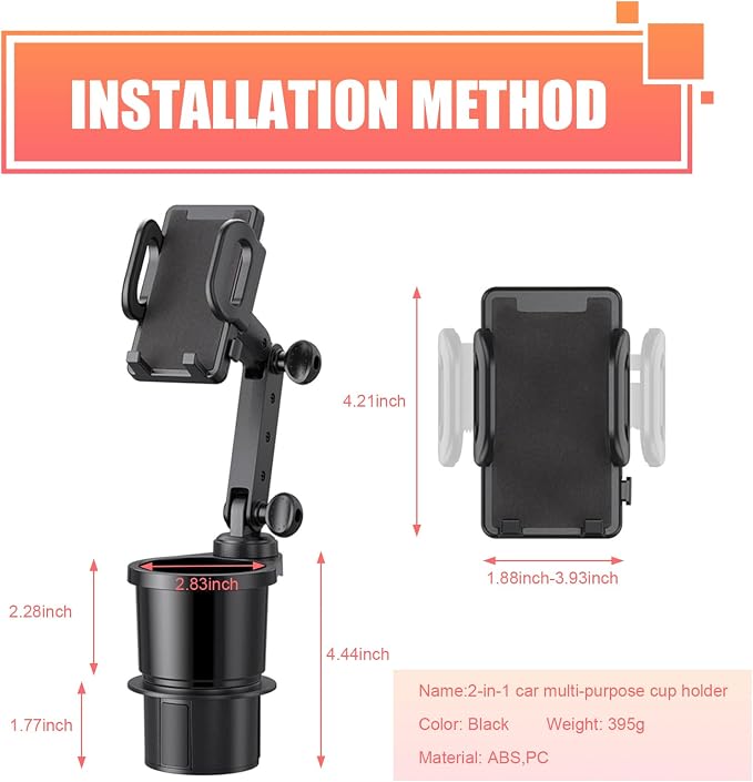 Car Cup Holder Mobile Phone Rack, Multi-Function 2 in 1 Cup Holder Expander, 360 Degrees Rotatable Automotive Phones Mount, Universal for Most Cars, Trucks, SUVs (Black) - Image 2