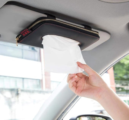 Black Leather Car Visor Tissue Holder, Zipper Sun Visor Tissue Box for Auto | Car accessory keep interior tidy, travel-friendly, installs on car visors fast, quick reload, fits Boat trucks SUVs by Carstuus