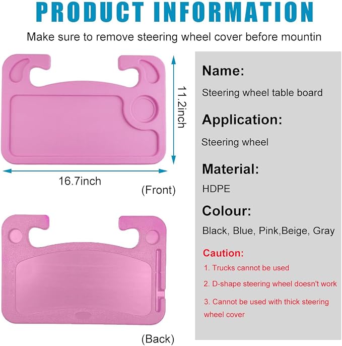 Car Steering Wheel Desk, Multifunctional Auto Seat Stand Trays for Eating and Working, Double Sided Design Steering Wheel Table Desk for Laptop, Food, Car Accessories (Pink) - Image 2