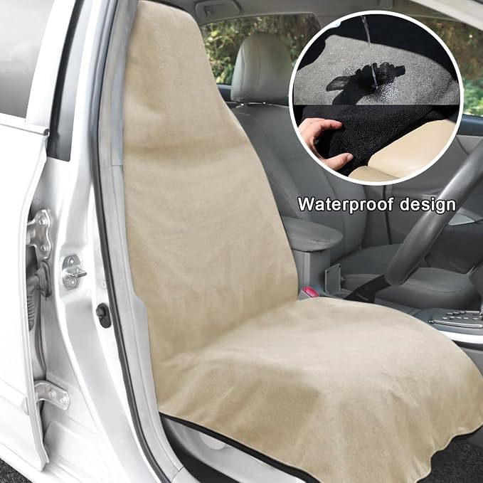 DXNQ 2PCS Car Towel Seat Cover, Waterproof Sweating Non-Slip Premium Soft Towel Carseat Protector, Universal Machine Washable Car Truck SUV Front Seat Cover for Gym Workout Beach Hiking (Beige) - Image 5