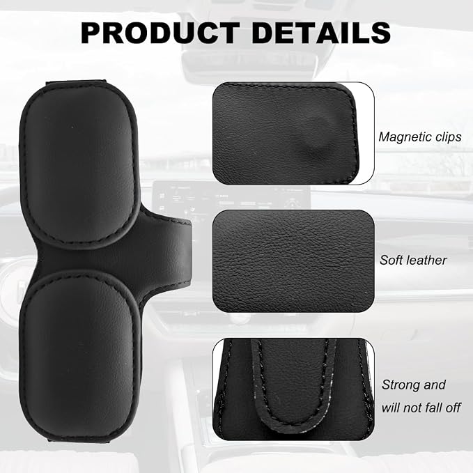DXNQ Sunglass Holder for Car Sun Visor, Leather Magnetic Eyeglass Holder Mount Clip for Visor, Universal Eyeglasses Hanger and Ticket Card Clip for Vehicle Visor, Car Accessories (Black+Double Clip) - Image 3