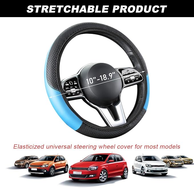 DXNQ Car Steering Wheel Cover, 15 Inch Carbon Fiber Leather Stitching Color Steering Wheel Protector, Anti-Slip Elastic Breathable Steering Wheel Cover Stylish Decor for Most Cars (Black&Blue, AD) - Image 2