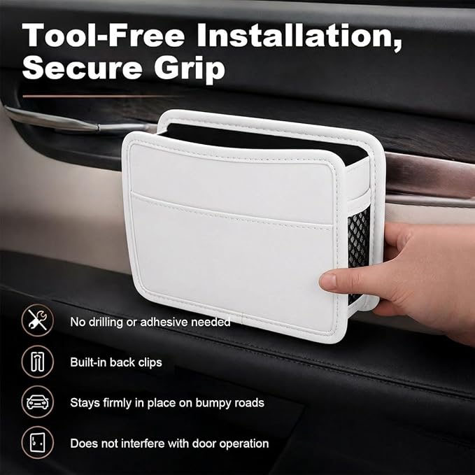Car Seat Side Pocket Organizer, Leather Sewn Multifunctional Automotive Trash Bag, Small Vehicle Door Pouch for Cell Phone, Key, Wallet, Sunglasses (White) - Image 4