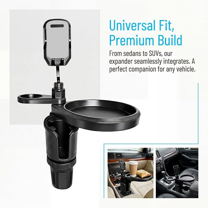 Car Cup Holder Tray, 4-in-1 Vehicle Drink Holder Expander Adapter with Phone Holder & Food Tray Table, Auto Center Console Cupholder Eating Table Organizer for Road Trip, Universal Fit (Gray) - Image 6