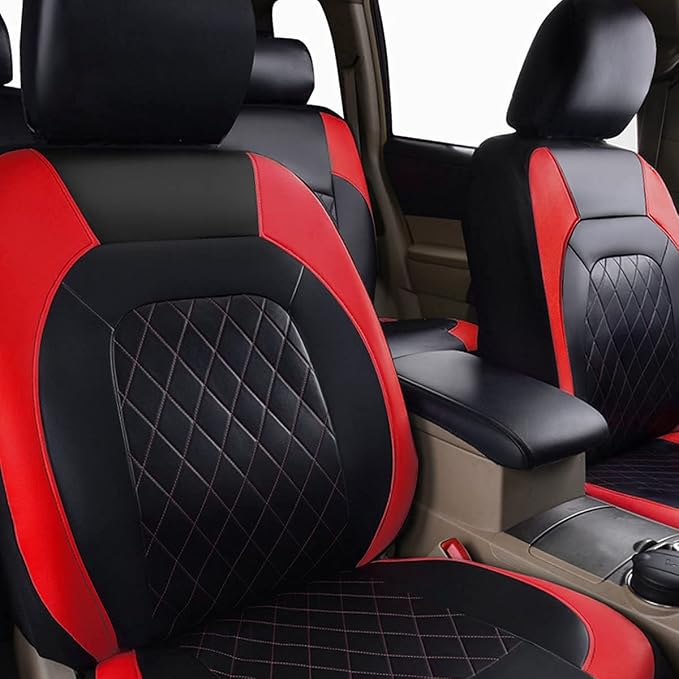 Universal Faux Leather Car Seat Covers Full Set Airbag Compatible Breathable Fit for Cars Trucks SUVs Deluxe Pu Luxury Vinyl(Black with Red) - Image 8