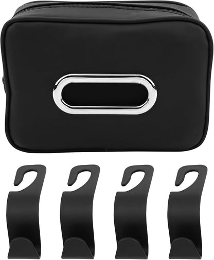 Car Tissue Box Holder, Backseat Rectangular Napkin Holder with 4 Hooks, Small 7.5in PU Leather Napkin Organizer with Metal Ring for Easy Pulling, Fits Headrest, Dashboard & Sun Visor(Color:Black) - Image 9