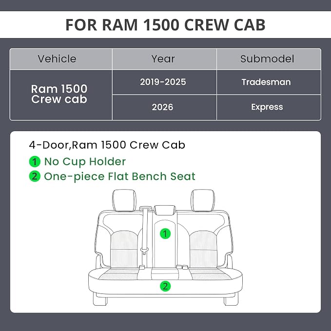EKR Ram 1500 Seat Covers Custom Fit for (Crew Cab) RAM 1500 Tradesman 2019-2025 & Express 2026,Waterproof Leather Black Car Seat Cover for Trucks Full Set-Faux Leather(Black with White Piping) - Image 2