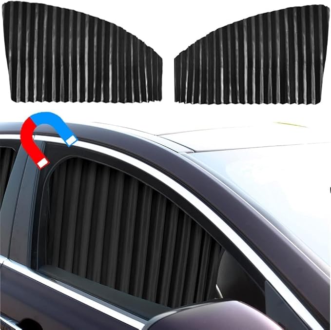 Ovege Car Side Window Sun Shade Car Curtain Pleated Silky Suction Magnetic (Black-Opaque, Front Seat 2pcs) - Image 2