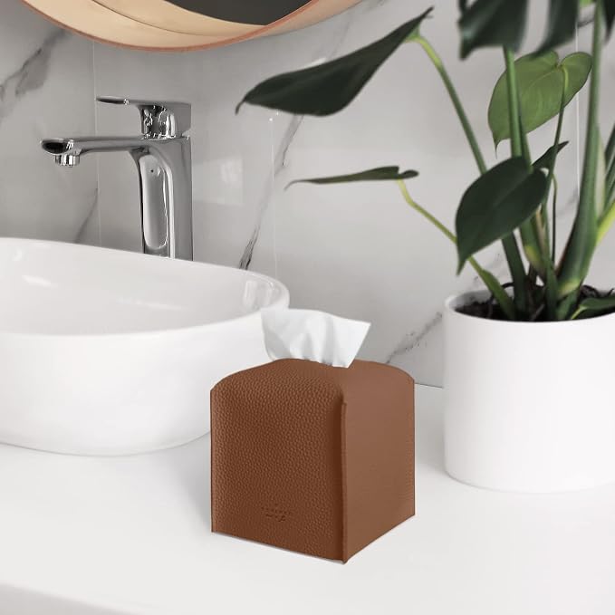 Carrotez Tissue Box Cover, [Refined] Modern PU Leather Square Tissue Box Holder - Decorative Holder/Organizer for Bathroom Vanity Countertop, Night Stands, Office Desk & Car 5"X5"X5" - Camel - Image 8