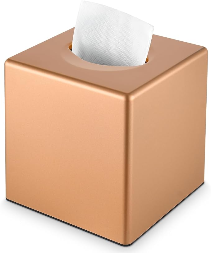 Y-in Hand Tissue Box Cover, Square Facial Cube Tissue Box Holder, Storage Accessories for Bathroom Vanity, Bedroom Countertops, Dressers, Night Stand, Parlors and Offices - Camel Rose Gold by MoreTidierAndMoreFortunate