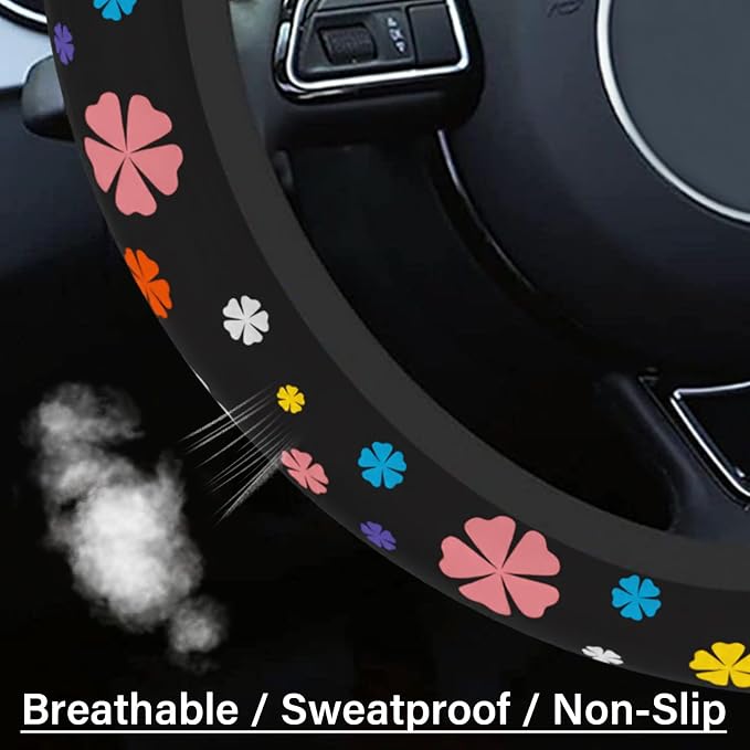 Steering Wheel Cover Neoprene Material Most Cars Men&Women Universal 15 inch Premium Non-Slip Spring Steering Wheel Protector Floral Car Accessories (Lucky Clever) - Image 4