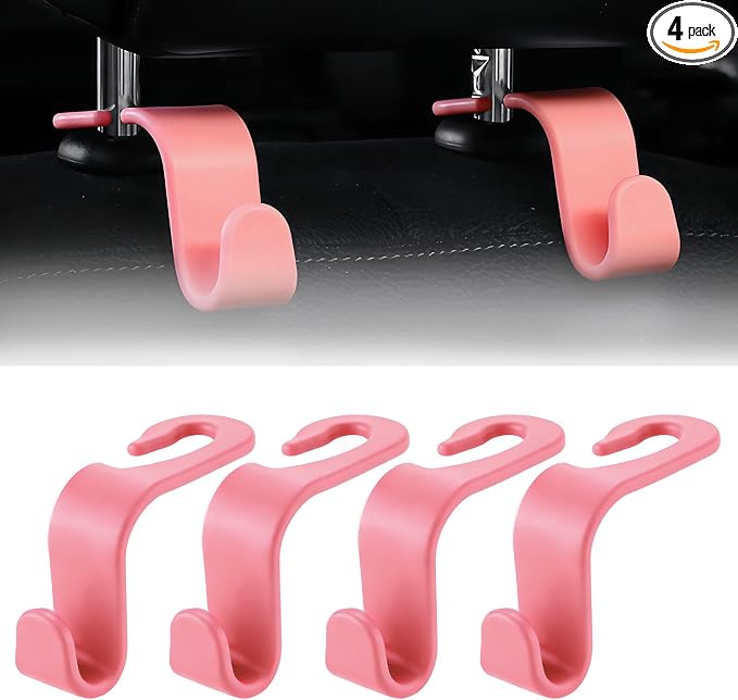 Purse Hook for Car, 4 PCS Car Purse Hook Headrest Hooks, 360° Rotatable Back Seat Storage Organizer, Universal Vehicle Seat Hanger for Purses, Handbags, Grocery Bags, Water Bottles, Pink by Unknown