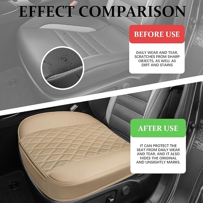 Leather Front Car Seat Covers, Car Bottom Seat Cover, Beige | Anti Slip Leather Auto Front Seat Cushion Cover with Storage Pocket, Waterproof Bottom Auto Seats Cushion Pad Mat for Cars - Image 4
