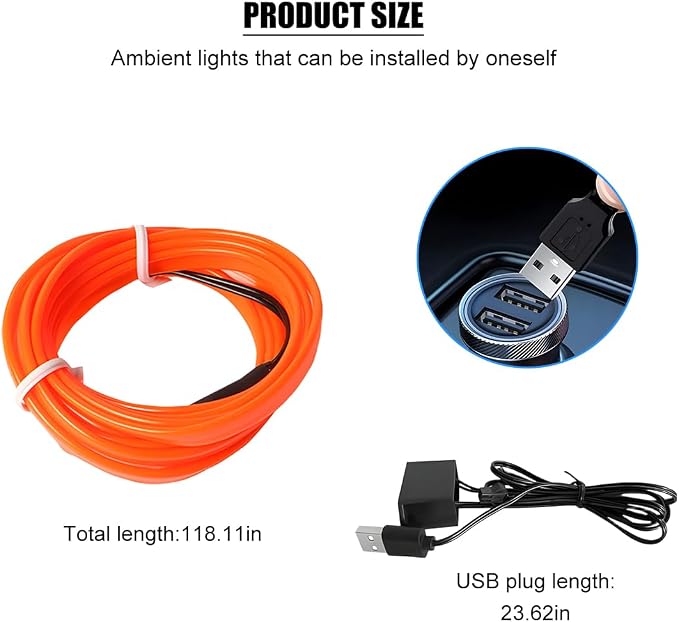 EL Wire Car LED Strip Lights, 10FT 5V USB Vehicle Ambient Lighting Kit with Fuse Protection, Automotive Interior Neon Decoration Lamp with 5mm Sewing Edge, Universal Fit (Orange) - Image 2