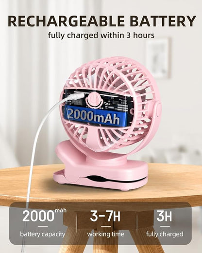 TUNISE Mini Clip on Fan, Battery Operated Desk Fan, Digital display，3 Speeds Adjustable, Bidirectional 360 ° Adjustable, Super Strong Wind, Portable Fan for Home, Office, Camping - Image 6