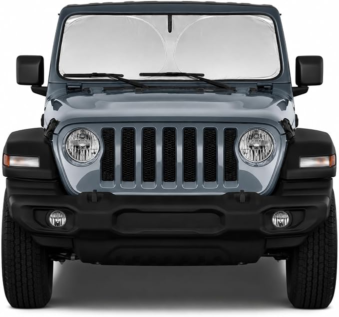 Windshield Sun Shade for Jeep Wrangler 2018-2026 & Gladiator 2020-2026 – Custom Fit Sun Shield with Mirror Cut-Out, Blocks Heat & UV, Foldable with Storage Pouch - Jeep Wrangler Windshield Sunshade by Autopect