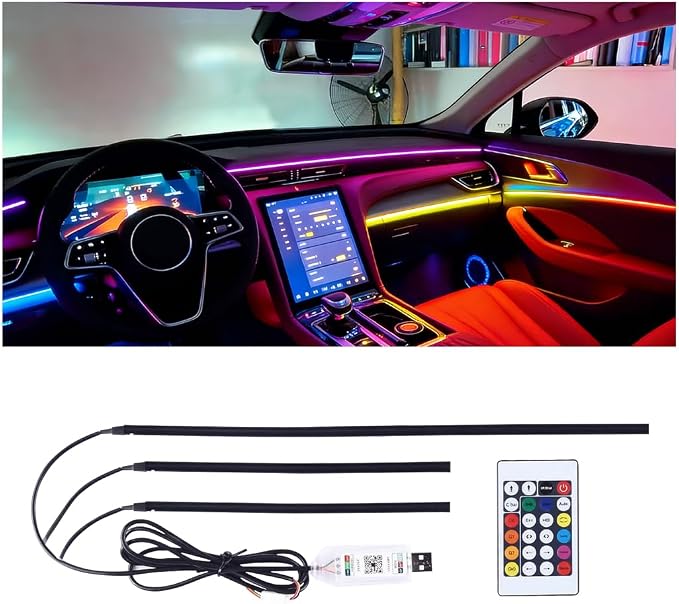 Car Interior LED Strip Light, Flexible Acrylic RGB Ambient Neon Light with Wireless APP & Remote Control, 3-in-1 Music Sync Auto Internal Atmosphere Lamp Strip, Universal for Vehicles by Unknown