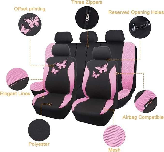 Flying Banner Butterfly car seat Covers ful Set Fashion Universal Lady Woman Female Rear Bench Split Colorized (Pink Black, Full Set) - Image 2