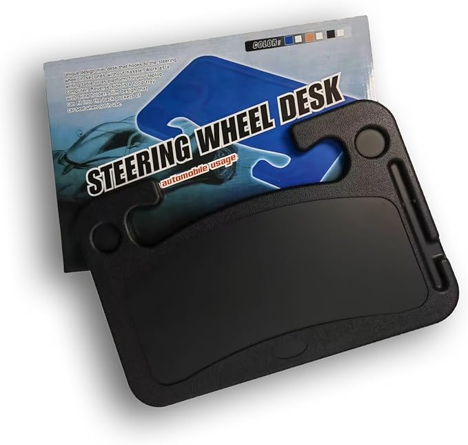 Steering Wheel Tray Desk, Black Portable Laptop & Food Table for Eating, Working, Makeup, Steering Wheel Stand for Truck Drivers, Vehicle Mount Organizer with Cup Holder by Behandy