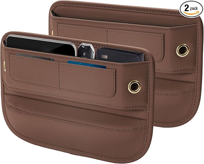 Universal Fit Premium Leather Car Seat Gap Filler Organizer, Center Console Organizer with Card Slots, Clever Gifts for Car SUV Truck Owners (Brown, 2 Pack) by Owntow