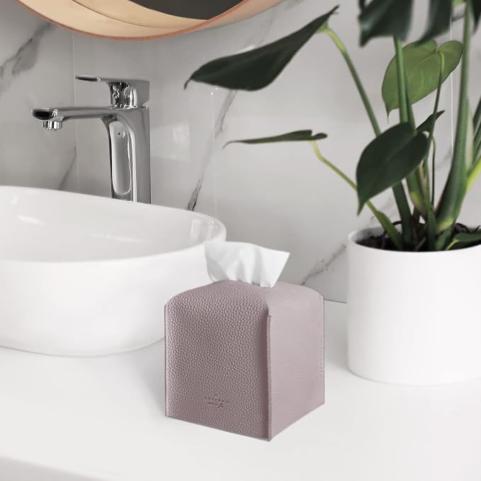 Carrotez Tissue Box Cover, [Refined] Modern PU Leather Square Tissue Box Holder - Decorative Holder/Organizer for Bathroom Vanity Countertop, Night Stands, Office Desk & Car 5"X5"X5" - Lavender - Image 8