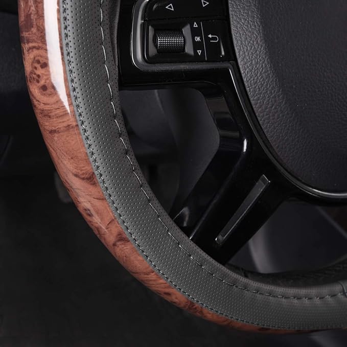 CAR PASS Wood Grain Microfiber Leather Steering Wheel Cover, Universal Fit for 14 1/2-15 inch Gray Steering Wheel, Anti-Slip Veins Design,Cars, Suvs,Minivans, Sedans (Gray) - Image 9