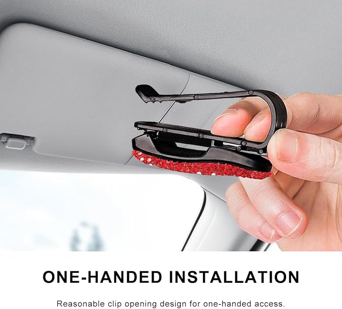 2 PCS Glasses Holders for Car Sun Visor, Bling Crystal Rhinestones Car Sunglasses Holder with Ticket Card Clip, Eyeglasses Hanger Mount for Women Girls, Car Interior Accessories (Red) - Image 6