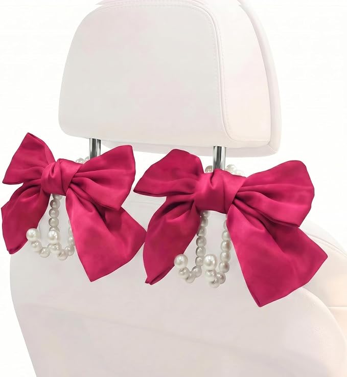 2PCS Satin Bow Pearl Car Seat Headrest Hooks – Car Bag Holder & Vehicle Hanger for Purses – Cute Coquette Aesthetic Interior Decoration – Cute Auto Organizer Accessories Universal (Berry Fuchsia) - Image 9
