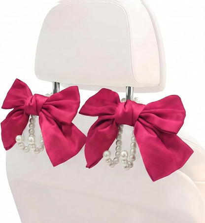 2PCS Satin Bow Pearl Car Seat Headrest Hooks – Car Bag Holder & Vehicle Hanger for Purses – Cute Coquette Aesthetic Interior Decoration – Cute Auto Organizer Accessories Universal (Berry Fuchsia) - Image 9