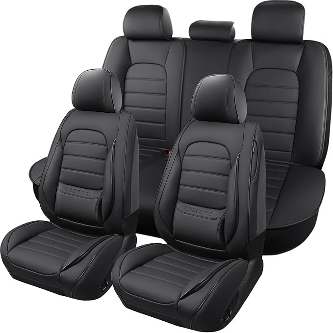 Car Seat Covers Full Set, 5Pcs Universal Leather Seat Covers for Cars, Waterproof Front and Rear Seat Covers Breathable Automotive Vehicle Seat Cover for Most Trucks, SUVs, Sedans, Black - Image 2