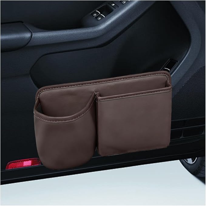 Car Side Door Organizer, Leather Auto Back Seat Storage Pouch with Cup Holder, Car Console Side Trash Can, Universal Vehicle Interior Organizer Pocket for Phone, Coin, Sunglasses (Brown) by Unknown
