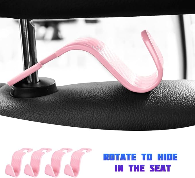 4 Pack 4.13 Inch Carbon Fiber Car Seat Headrest Hooks, Pink | plastic body, supports up to 55 lb, tool-free post fit, rotates beneath headrest when idle, interior storage accessory - Image 5