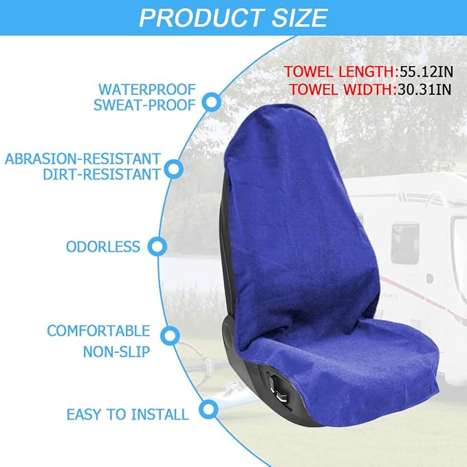 55.12 x 29.53 Inch Washable Towel Front Seat Cover, Blue | soft anti-pilling cloth, neoprene grip dots, elastic straps, fits most cars, SUVs, and trucks, interior accessories - Image 2