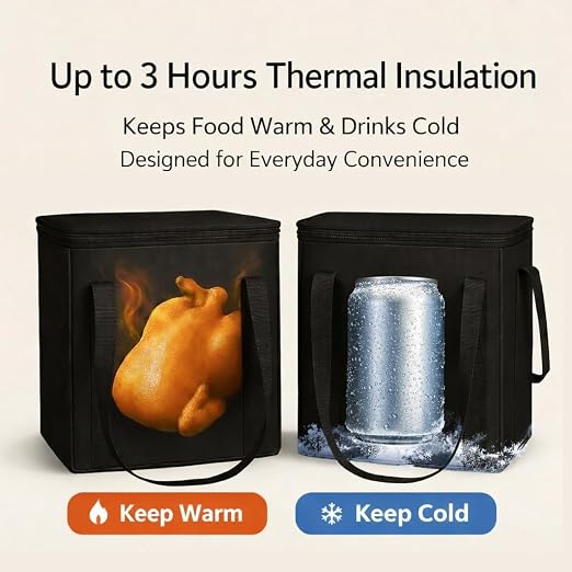 2-Pack, XL-Large Insulated Grocery Shopping Bags, Black, Reusable Bag | Thermal Zipper,Collapsible,Tote,Cooler Bag,Transport hot and Cold,Camping groceries Insulated Food Delivery Bag - Image 2