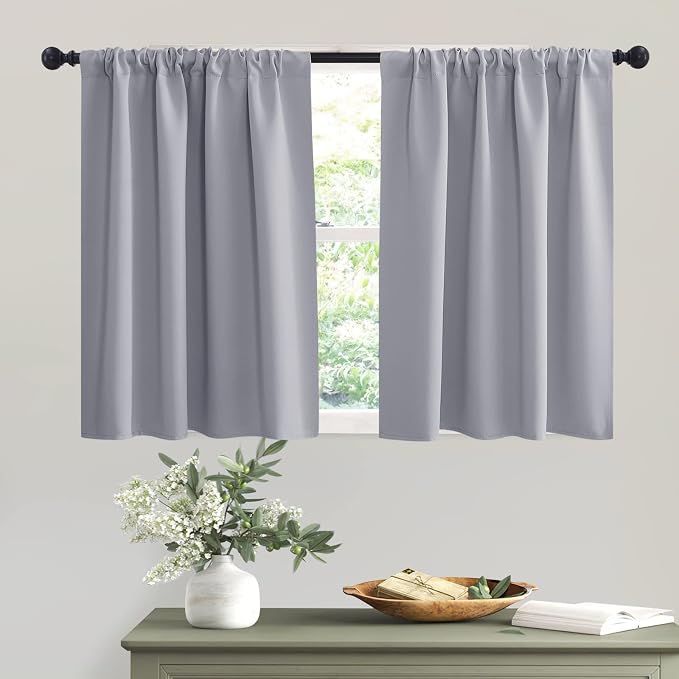 RYB HOME Short Silver Grey Blackout Curtains for Small Bedroom Window Cafe | Thermal Insulating, UV Blocking, Privacy Protection, Drapes/Tiers for Basement Garage Bathroom, W42 x L36, 2 Panels by RYBHOME