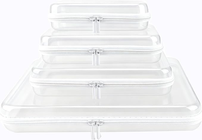 YOPCDJ Clear Hard Shell Zipper Case, Clear Zipper Pouches Waterproof Makeup Organizer & Travel Toiletry Storage Bag, Plastic Pouch for Office, Home, White, 4Pack XL+L+M+S by YOPCDJ