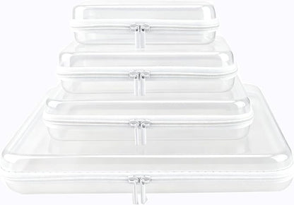 YOPCDJ Clear Hard Shell Zipper Case, Clear Zipper Pouches Waterproof Makeup Organizer & Travel Toiletry Storage Bag, Plastic Pouch for Office, Home, White, 4Pack XL+L+M+S by YOPCDJ