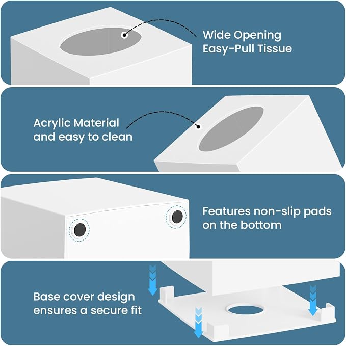 2 Pack Tissue Box Cover, Square Acrylic Tissue Holder Non-Slip Base, White | modern,non-slip,easy to refill,compatibility for tissue & rollsfor bathroom countertops,dressers,night stand,parlors,office - Image 3