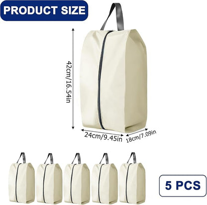 5Pcs XL Travel Shoe Bags Portable Travel Gifts Shoe Organizer with Zipper Closure, Waterproof Nylon Shoe Storage Organizer with Handle Travel Bags For Men and Women, Beige - Image 2