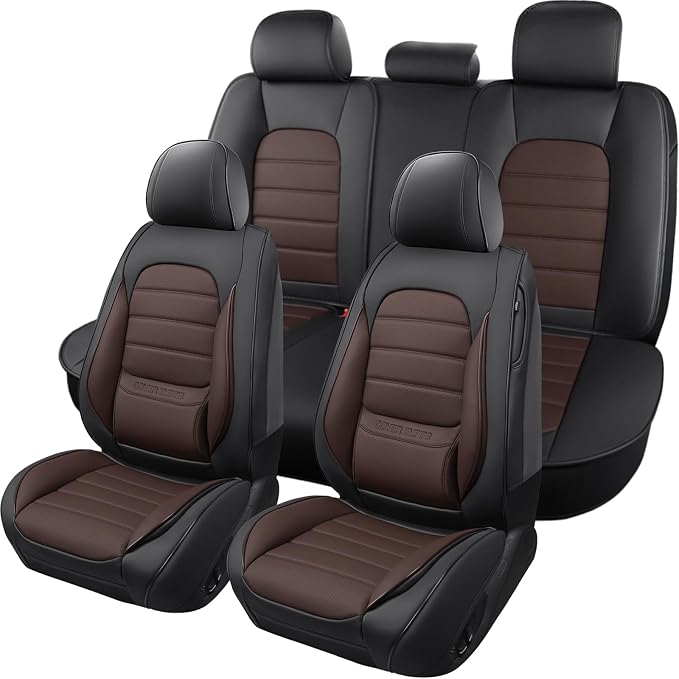Car Seat Covers Full Set, 5 Seats Universal Leather Seat Covers for Cars, Waterproof Front and Rear Seat Cover, Breathable Automotive Seat Cover for Most Sedans, Trucks, SUVs, Black&Brown - Image 2