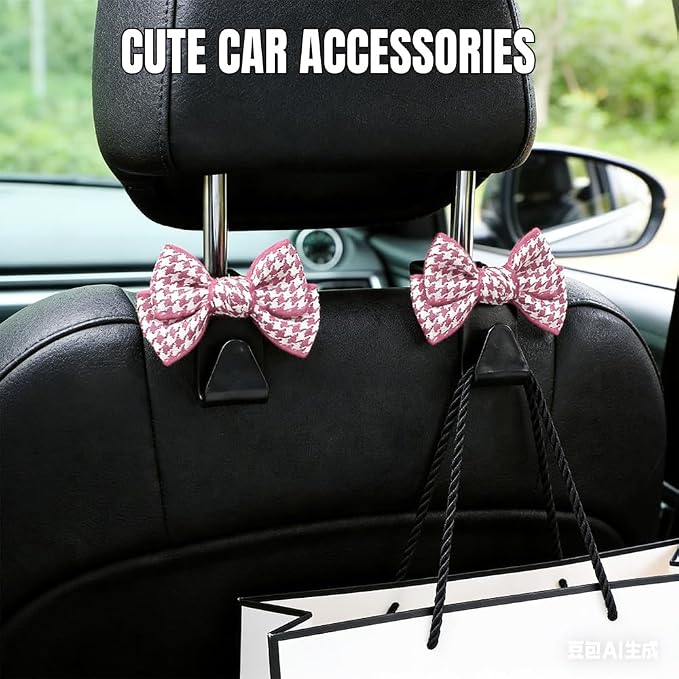 2PCS Car Seat Headrest Hooks, Car Purse Hook, Cute Bow Knot Vehicle Seatback Hanging Storage Organizer, Auto Seatback Decor Organizer Hanger for SUV Truck (Small Houndstooth/Pink) - Image 3