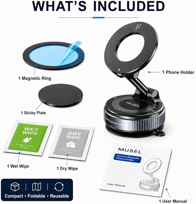 MUSEL Magnetic Car Phone Holder for MagSafe, Vacuum Mount for iPhone 17-12 | 88 lb suction hold, 2600 gf magnetic force, 22 N55 magnets, 360 degree rotation, bottom plate and ring included, dash mount - Image 9