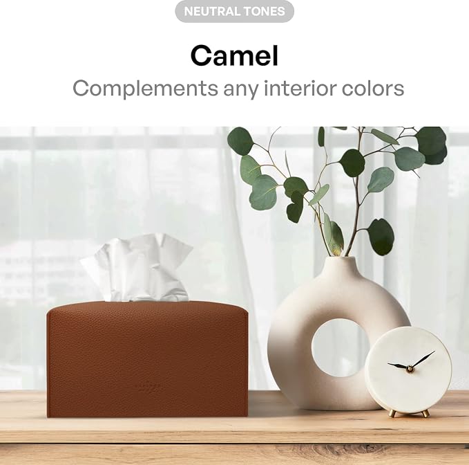 Carrotez Tissue Box Cover, [Refined] Modern PU Leather Rectangular Tissue Box Holder - Decorative Holder/Organizer for Bathroom Vanity Countertop, Night Stands, Office Desk 9.5"X5"X5" - Camel - Image 3