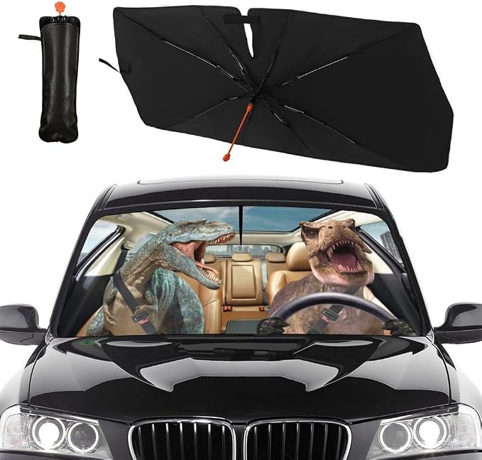 Funny Dinosaur Car Windshield Sun Shade Umbrella Automotive Windshield Sunshade Foldable Front Car Accessories Interior Decor to Keep Vehicle Cool for Most Vehicles 57'' X 30'' by Socira