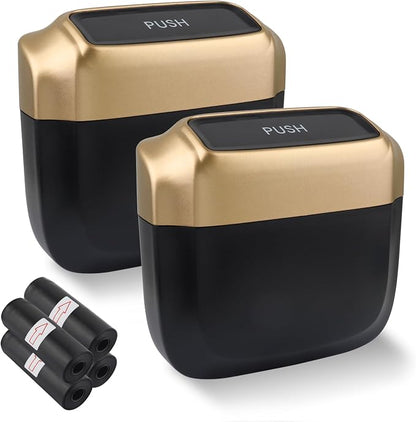 IHOTDER 2PCS Car Trash Can with Lid + 60PCS Garbage Bag,Mini Trash Can Car Interior Accessories,Multifunctional ABS Car Organizers and Storage (Gold) by IHOTDER