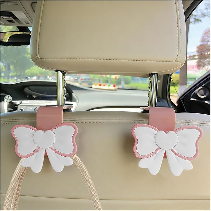 2PCS Car Seat Headrest Hook, Cute Bow Vehicle Backseat Storage Hanger Purse Handbag Organizer, Automotive Seat Back Hook Holder for Umbrella Hat Bag, Universal for Vehicles (White/Pink) - Image 6