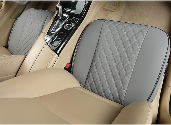 Black Panther 1 Pair PU Front Car Seat Covers, Front Seat Protectors Compatible with 95% Vehicles, Anti-Slip & Full Wrapping Edge, Diamond Pattern Embroidery (W 21.26''×D 20.86”) - Light Gray - Image 3