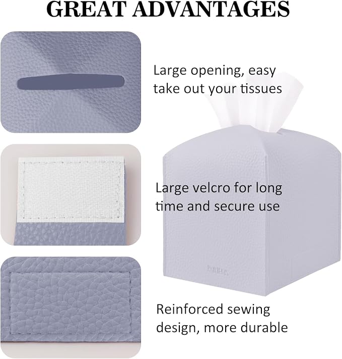 Tissue Box Cover Holder Square Tissue Cube Cover PU Leather Tissue Organizer with Bottom Belt for Bathroom, Tabletop, Car, Night Stands, Office, Home, Kitchen (2, Violet) - Image 5